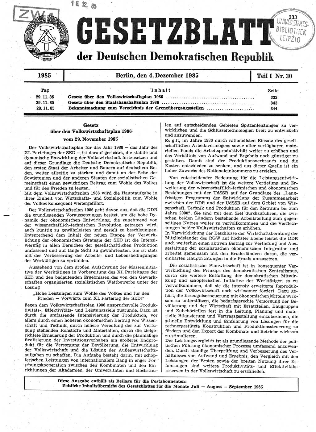 Gesetzblatt (GBl.) der Deutschen Demokratischen Republik (DDR) Teil Ⅰ 1985, Seite 333 (GBl. DDR Ⅰ 1985, S. 333)