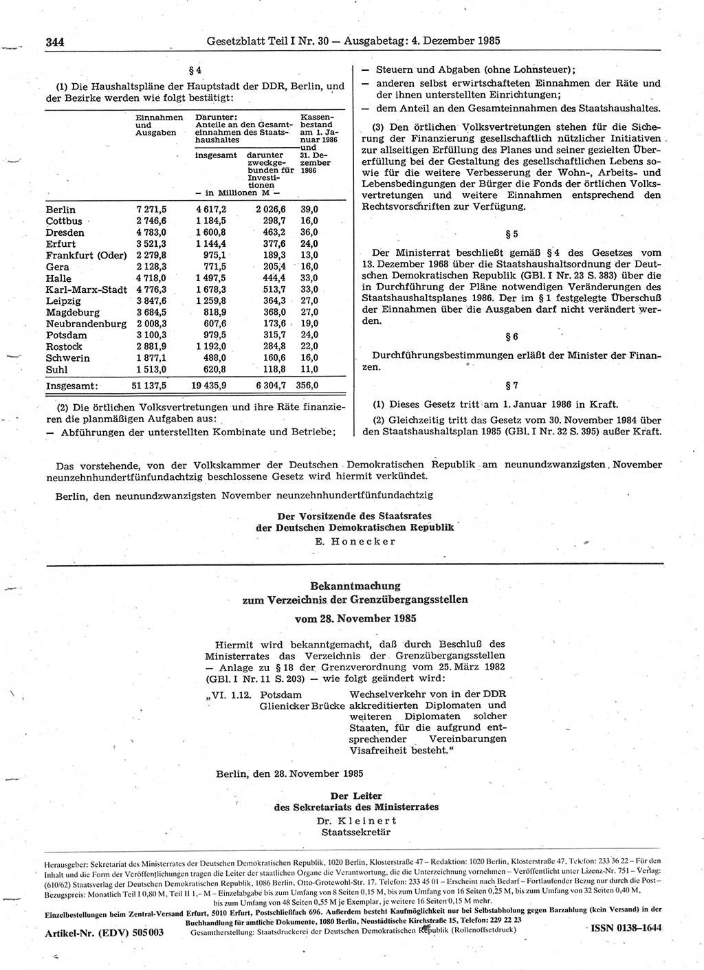 Gesetzblatt (GBl.) der Deutschen Demokratischen Republik (DDR) Teil Ⅰ 1985, Seite 344 (GBl. DDR Ⅰ 1985, S. 344)