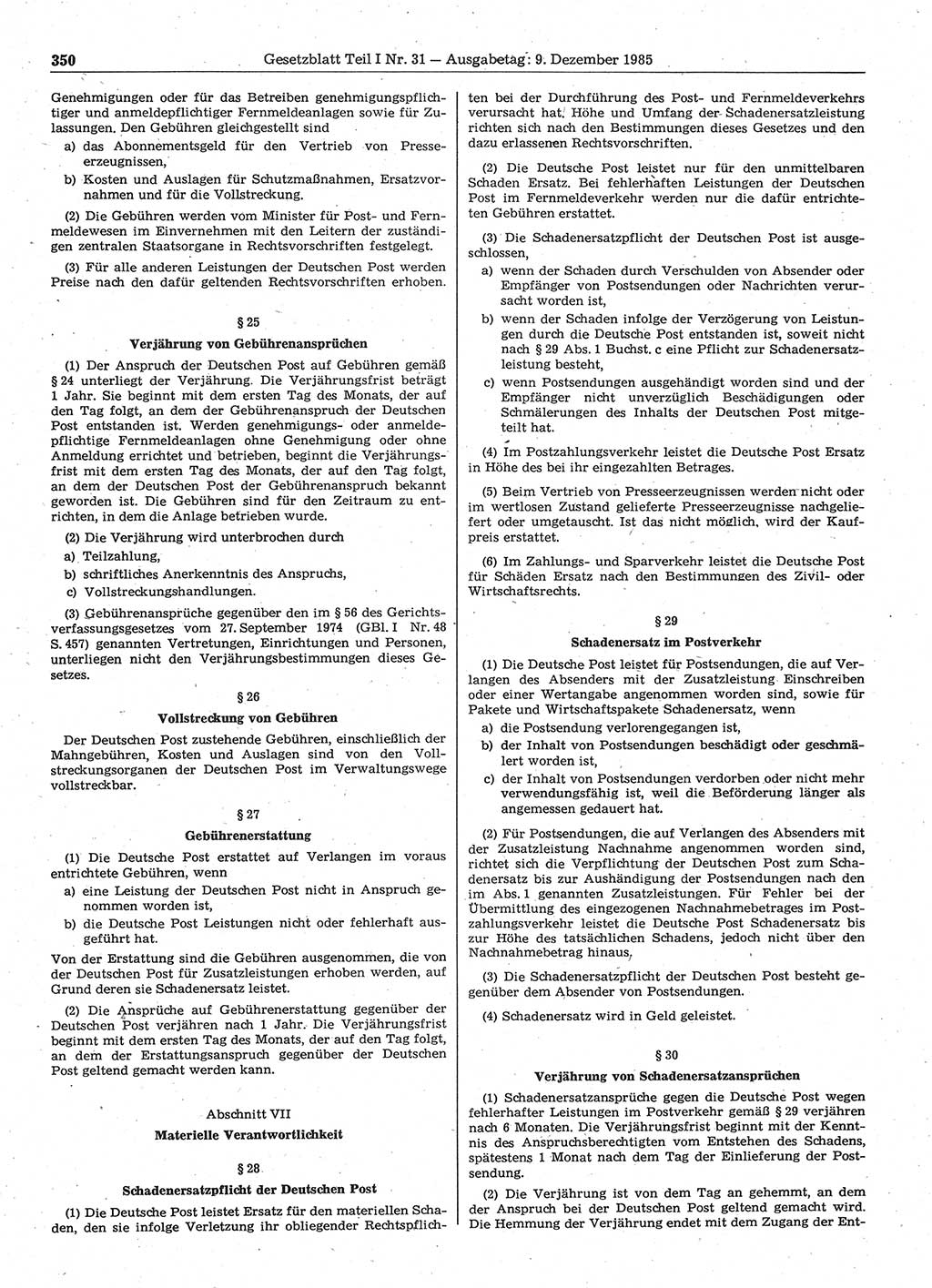 Gesetzblatt (GBl.) der Deutschen Demokratischen Republik (DDR) Teil Ⅰ 1985, Seite 350 (GBl. DDR Ⅰ 1985, S. 350)