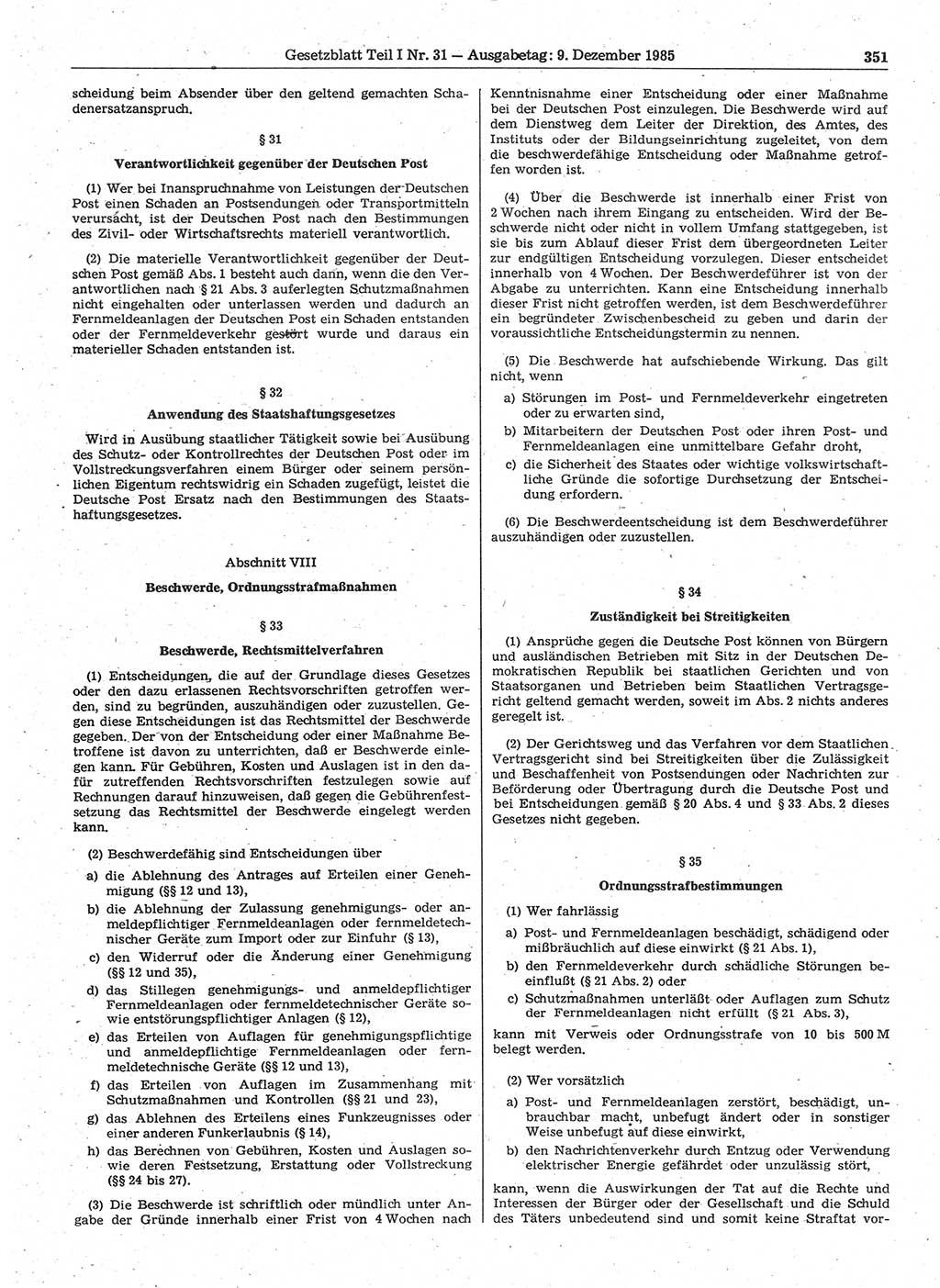 Gesetzblatt (GBl.) der Deutschen Demokratischen Republik (DDR) Teil Ⅰ 1985, Seite 351 (GBl. DDR Ⅰ 1985, S. 351)