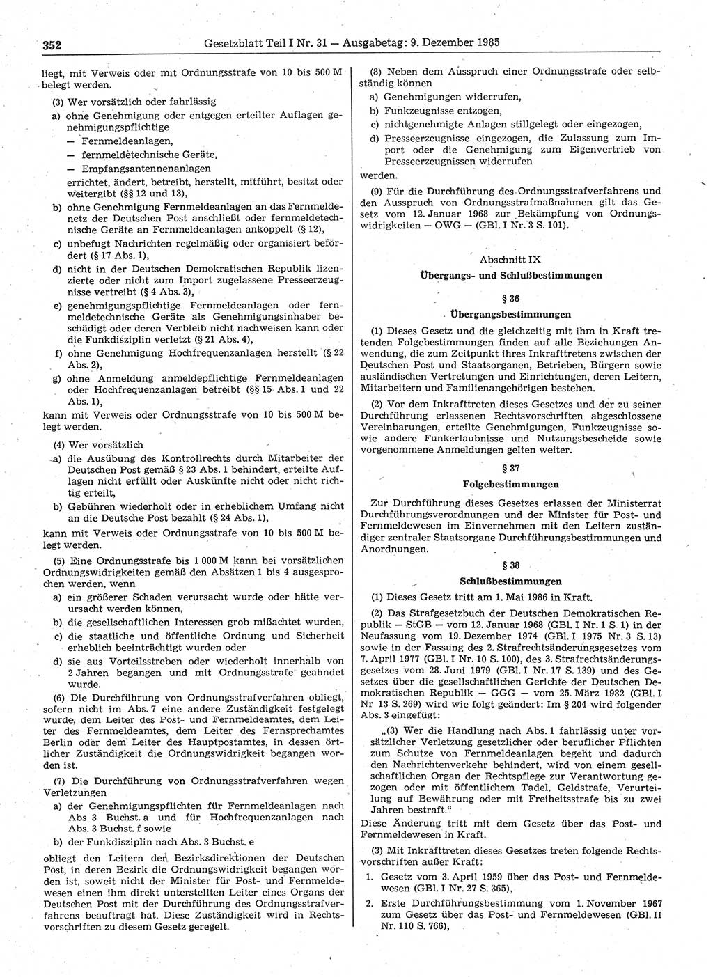 Gesetzblatt (GBl.) der Deutschen Demokratischen Republik (DDR) Teil Ⅰ 1985, Seite 352 (GBl. DDR Ⅰ 1985, S. 352)