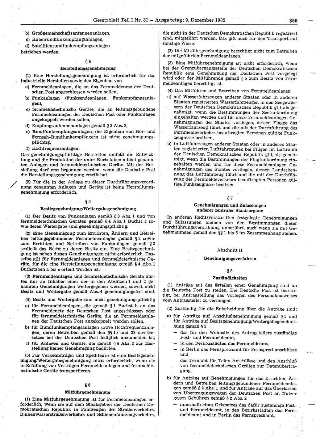 Gesetzblatt (GBl.) der Deutschen Demokratischen Republik (DDR) Teil Ⅰ 1985, Seite 355 (GBl. DDR Ⅰ 1985, S. 355)