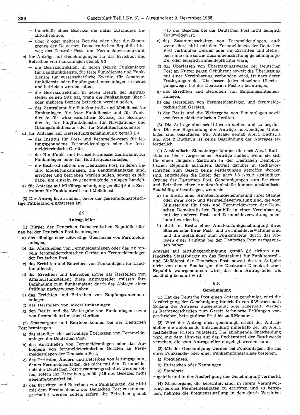 Gesetzblatt (GBl.) der Deutschen Demokratischen Republik (DDR) Teil Ⅰ 1985, Seite 356 (GBl. DDR Ⅰ 1985, S. 356)