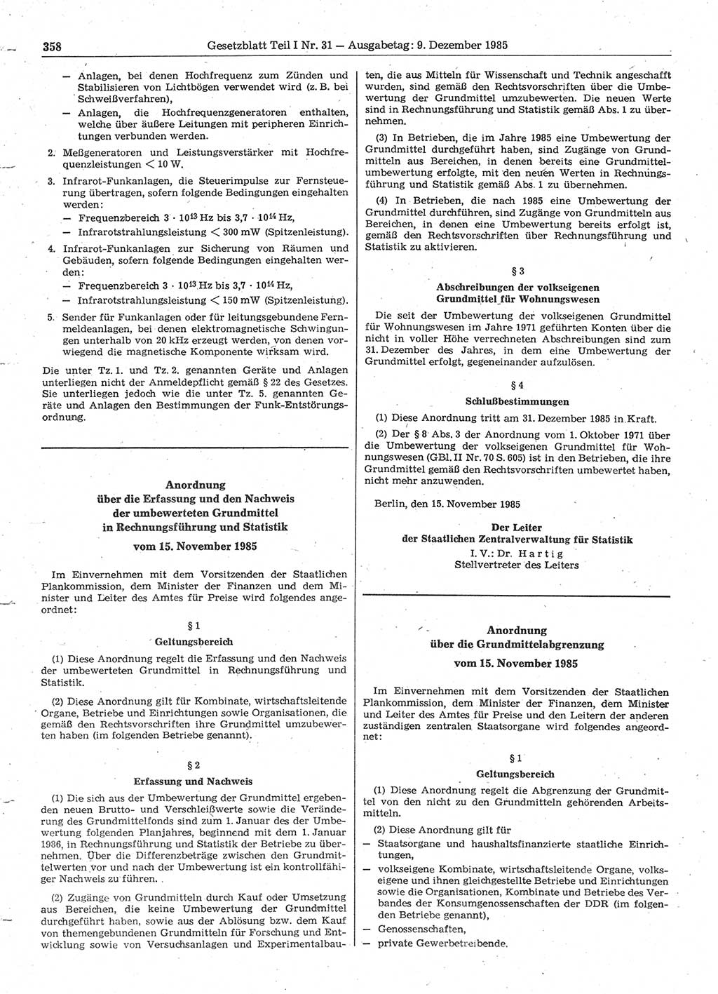 Gesetzblatt (GBl.) der Deutschen Demokratischen Republik (DDR) Teil Ⅰ 1985, Seite 358 (GBl. DDR Ⅰ 1985, S. 358)