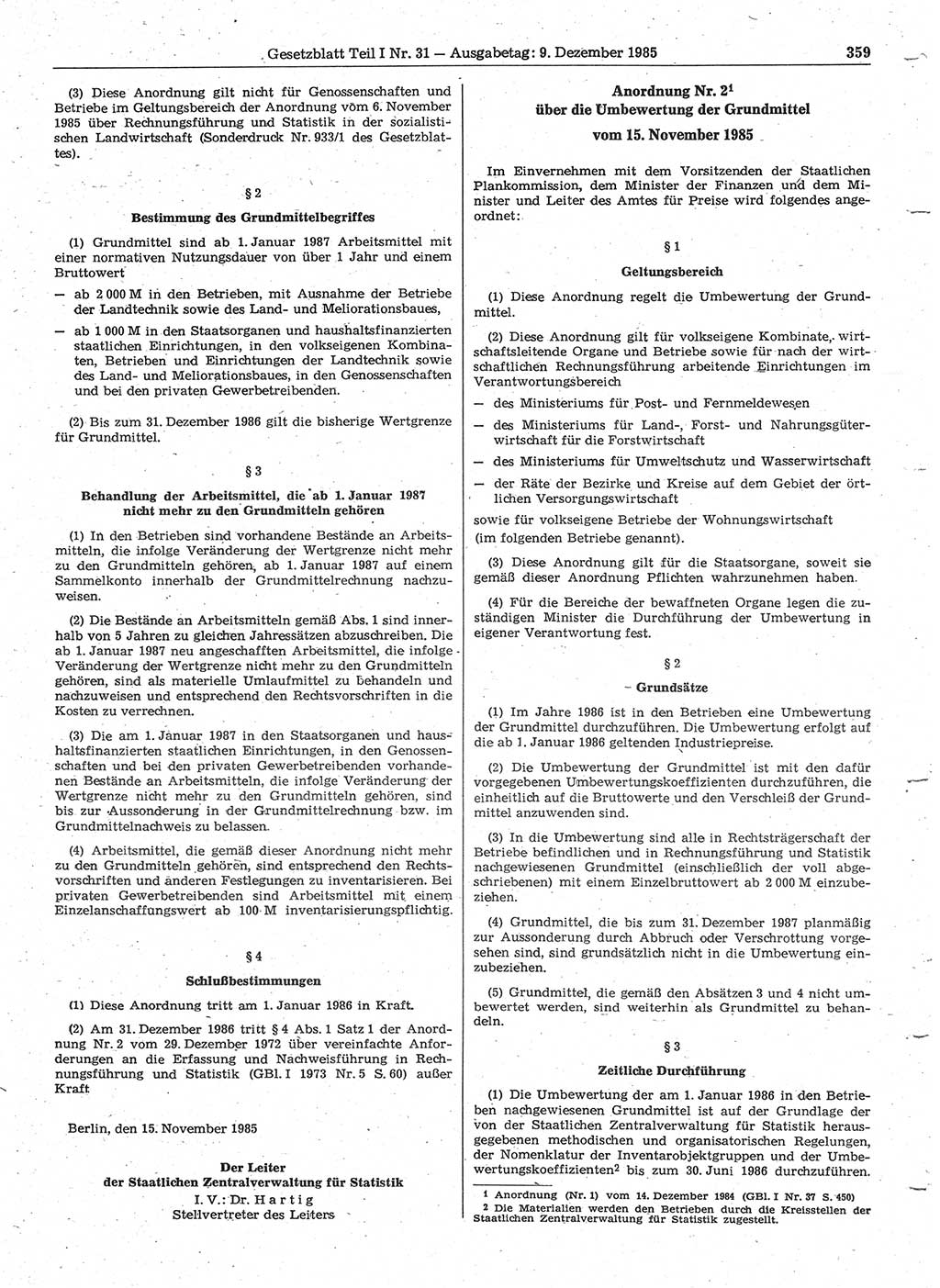 Gesetzblatt (GBl.) der Deutschen Demokratischen Republik (DDR) Teil Ⅰ 1985, Seite 359 (GBl. DDR Ⅰ 1985, S. 359)