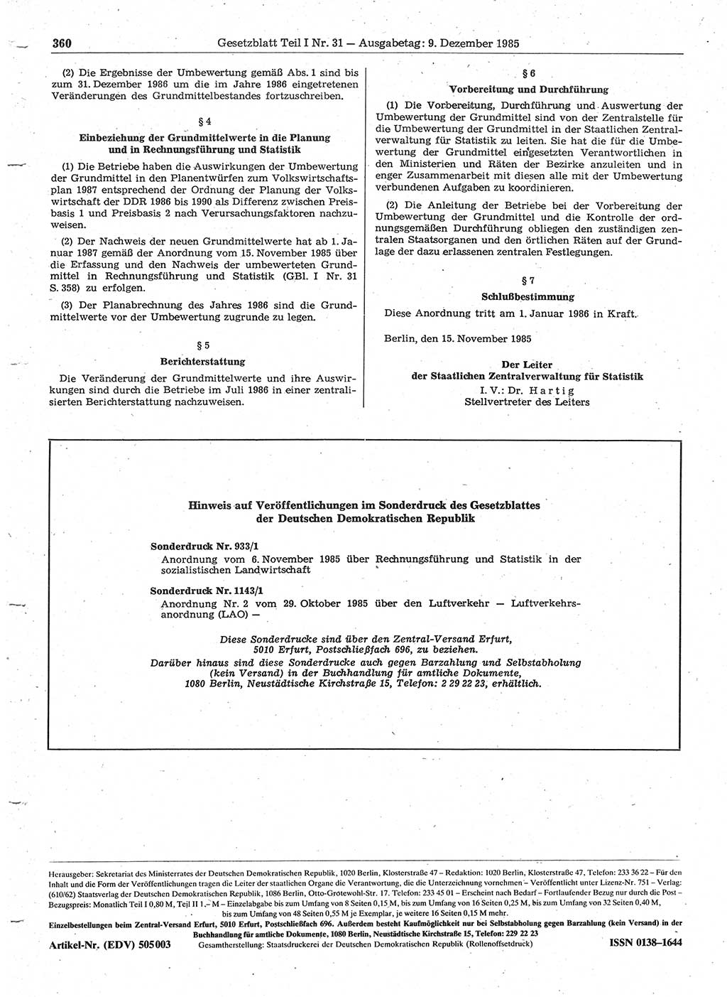 Gesetzblatt (GBl.) der Deutschen Demokratischen Republik (DDR) Teil Ⅰ 1985, Seite 360 (GBl. DDR Ⅰ 1985, S. 360)
