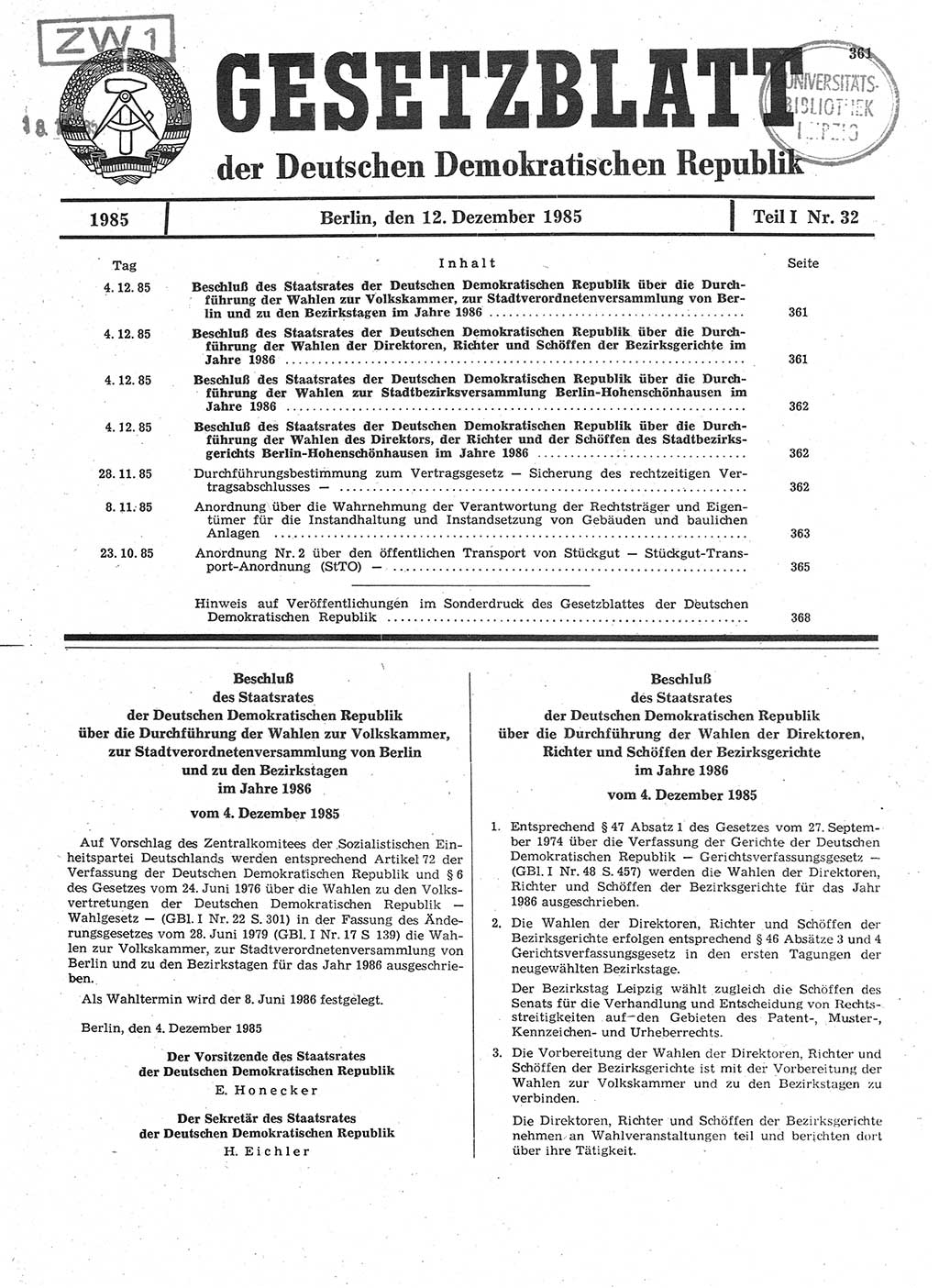 Gesetzblatt (GBl.) der Deutschen Demokratischen Republik (DDR) Teil Ⅰ 1985, Seite 361 (GBl. DDR Ⅰ 1985, S. 361)