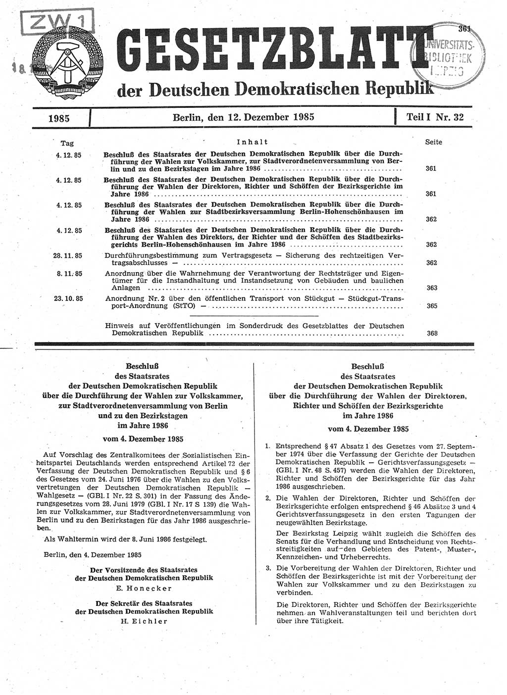 Gesetzblatt (GBl.) der Deutschen Demokratischen Republik (DDR) Teil Ⅰ 1985, Seite 361 (GBl. DDR Ⅰ 1985, S. 361)