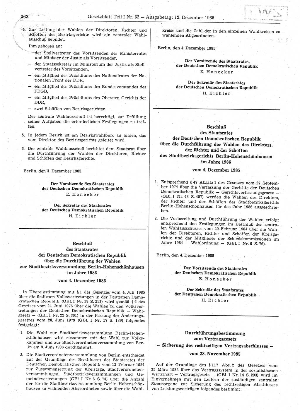 Gesetzblatt (GBl.) der Deutschen Demokratischen Republik (DDR) Teil Ⅰ 1985, Seite 362 (GBl. DDR Ⅰ 1985, S. 362)