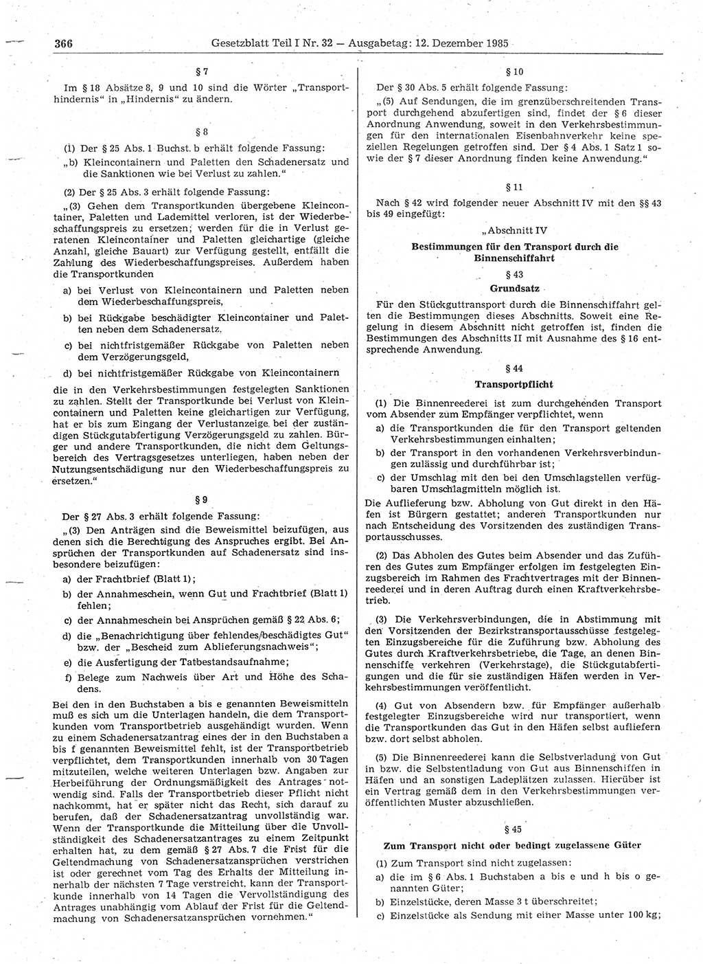 Gesetzblatt (GBl.) der Deutschen Demokratischen Republik (DDR) Teil Ⅰ 1985, Seite 366 (GBl. DDR Ⅰ 1985, S. 366)