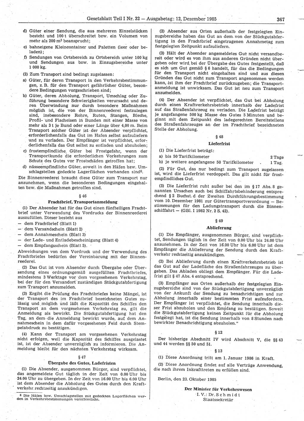 Gesetzblatt (GBl.) der Deutschen Demokratischen Republik (DDR) Teil Ⅰ 1985, Seite 367 (GBl. DDR Ⅰ 1985, S. 367)