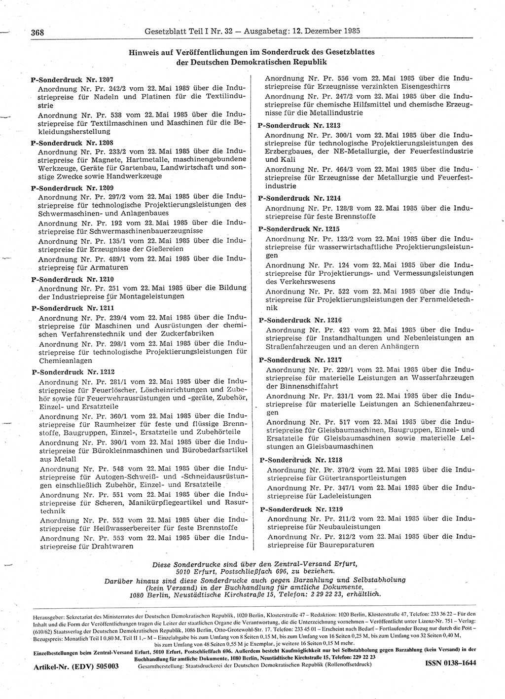 Gesetzblatt (GBl.) der Deutschen Demokratischen Republik (DDR) Teil Ⅰ 1985, Seite 368 (GBl. DDR Ⅰ 1985, S. 368)