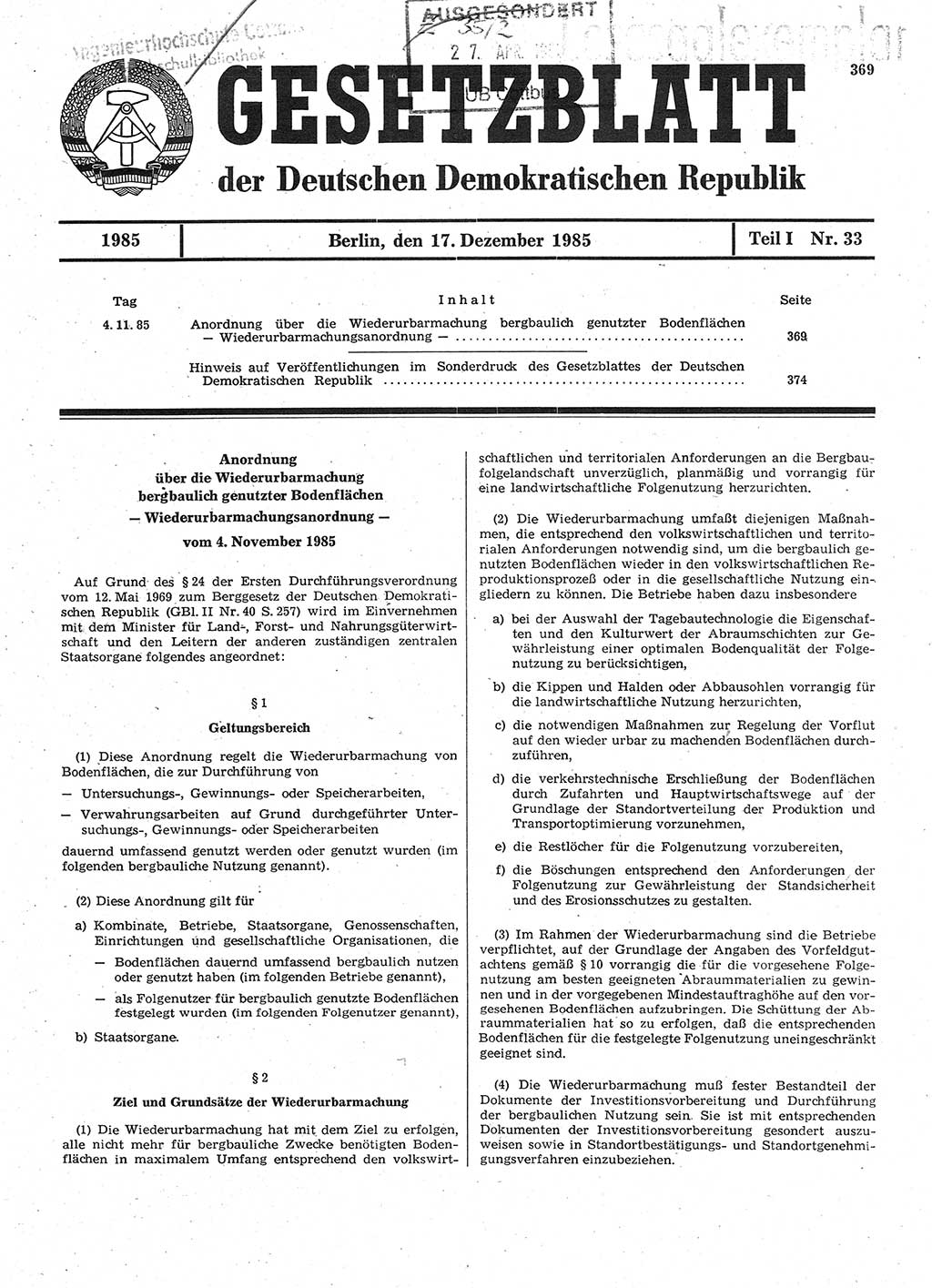 Gesetzblatt (GBl.) der Deutschen Demokratischen Republik (DDR) Teil Ⅰ 1985, Seite 369 (GBl. DDR Ⅰ 1985, S. 369)