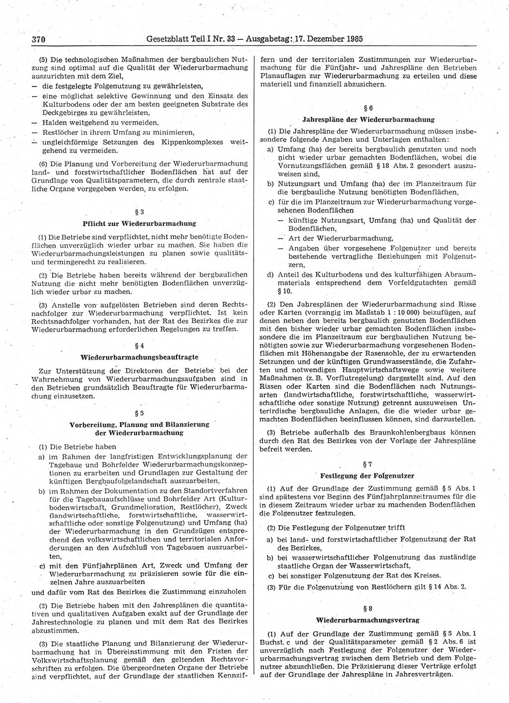 Gesetzblatt (GBl.) der Deutschen Demokratischen Republik (DDR) Teil Ⅰ 1985, Seite 370 (GBl. DDR Ⅰ 1985, S. 370)