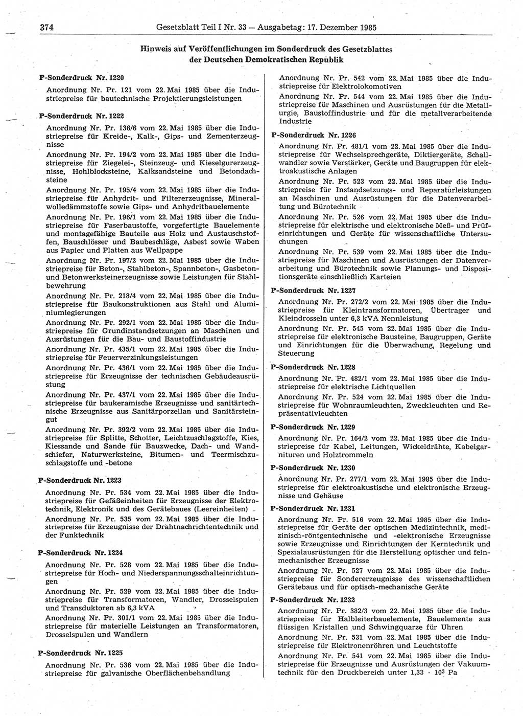 Gesetzblatt (GBl.) der Deutschen Demokratischen Republik (DDR) Teil Ⅰ 1985, Seite 374 (GBl. DDR Ⅰ 1985, S. 374)