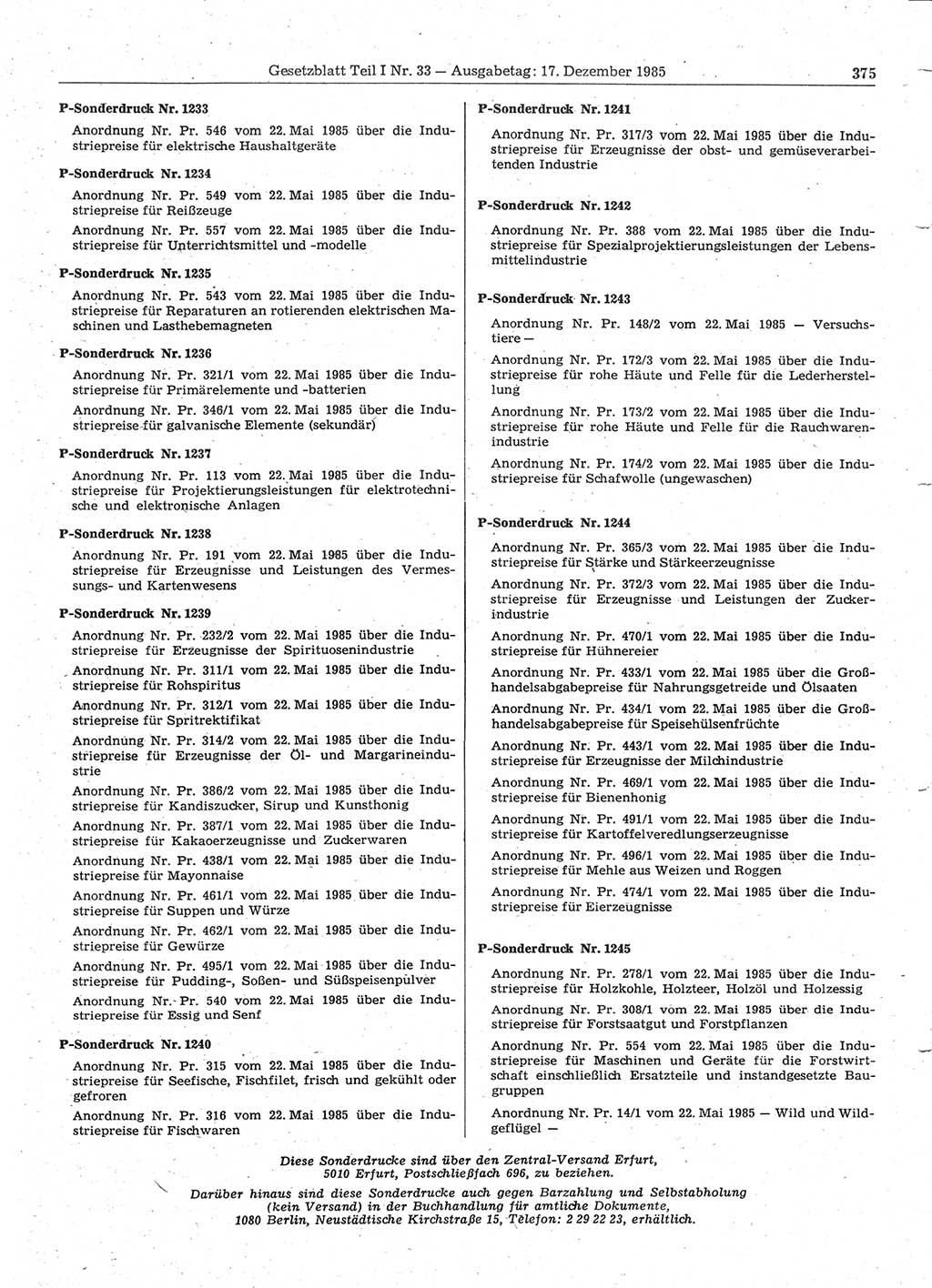 Gesetzblatt (GBl.) der Deutschen Demokratischen Republik (DDR) Teil Ⅰ 1985, Seite 375 (GBl. DDR Ⅰ 1985, S. 375)