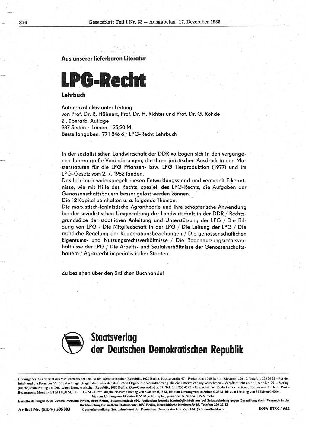 Gesetzblatt (GBl.) der Deutschen Demokratischen Republik (DDR) Teil Ⅰ 1985, Seite 376 (GBl. DDR Ⅰ 1985, S. 376)
