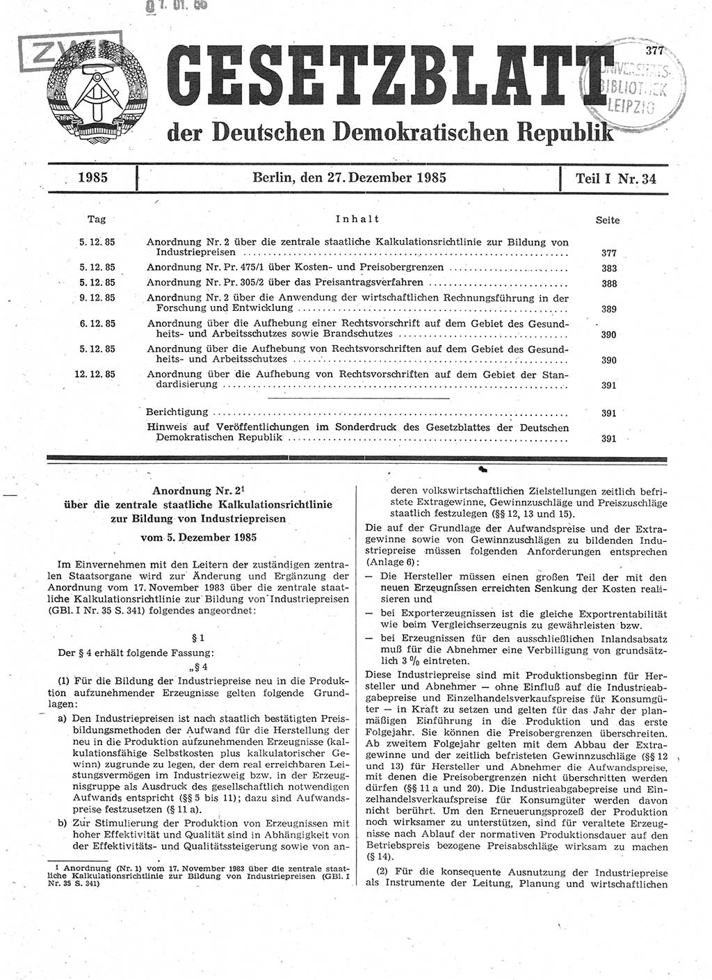 Gesetzblatt (GBl.) der Deutschen Demokratischen Republik (DDR) Teil Ⅰ 1985, Seite 377 (GBl. DDR Ⅰ 1985, S. 377)