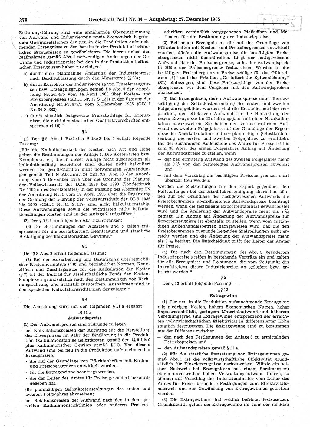 Gesetzblatt (GBl.) der Deutschen Demokratischen Republik (DDR) Teil Ⅰ 1985, Seite 378 (GBl. DDR Ⅰ 1985, S. 378)