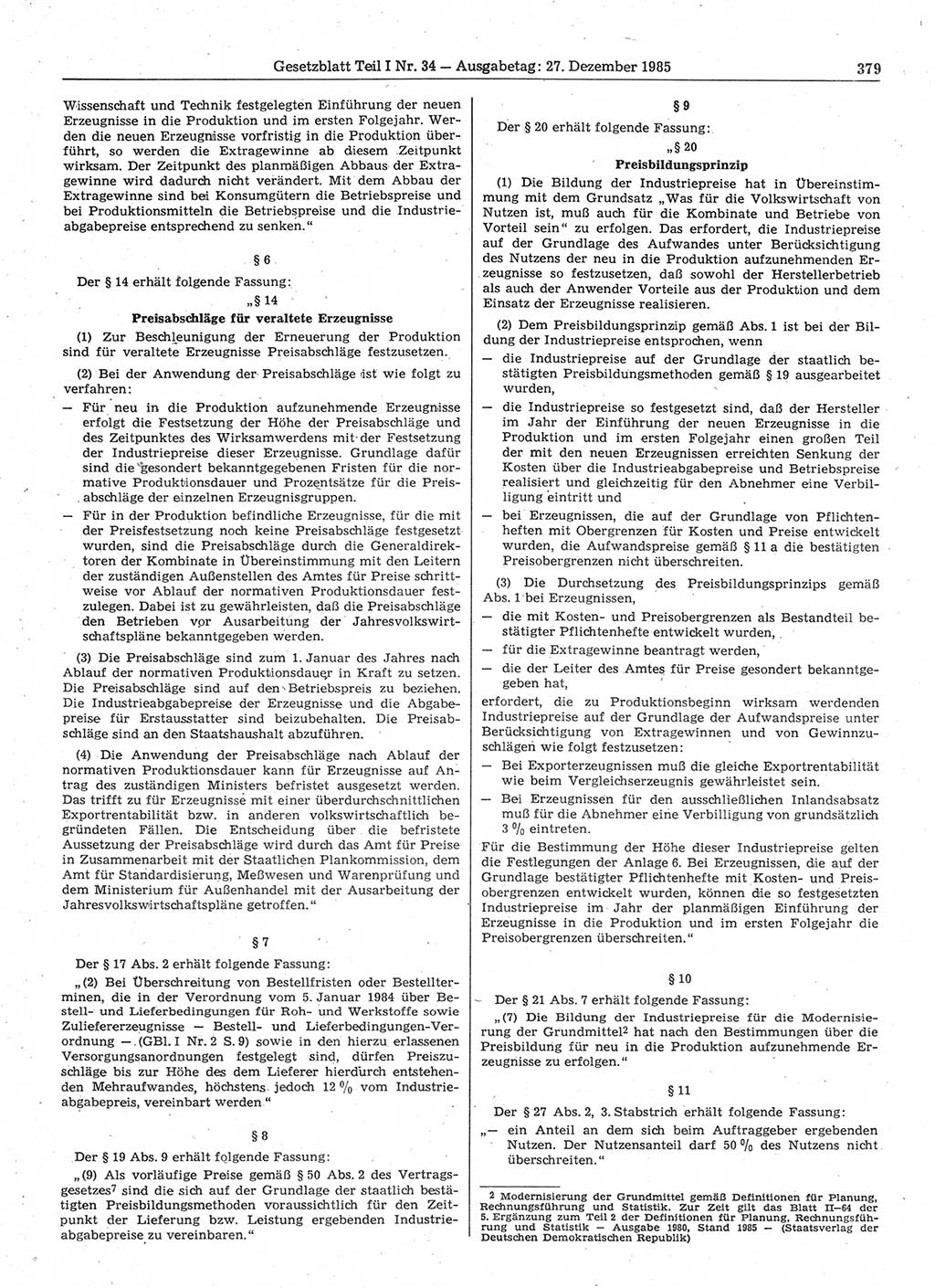 Gesetzblatt (GBl.) der Deutschen Demokratischen Republik (DDR) Teil Ⅰ 1985, Seite 379 (GBl. DDR Ⅰ 1985, S. 379)