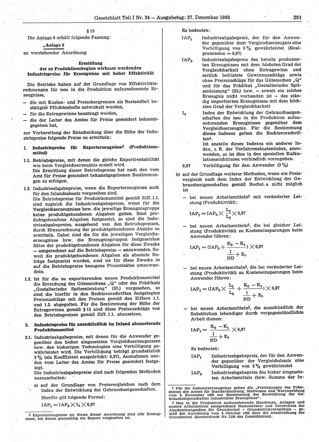 Gesetzblatt (GBl.) der Deutschen Demokratischen Republik (DDR) Teil Ⅰ 1985, Seite 381 (GBl. DDR Ⅰ 1985, S. 381)