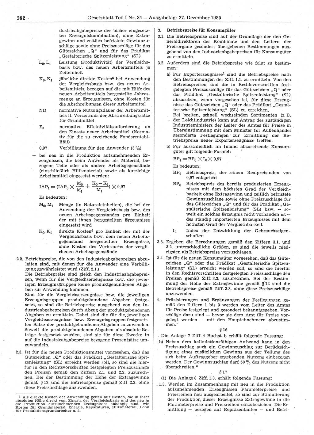 Gesetzblatt (GBl.) der Deutschen Demokratischen Republik (DDR) Teil Ⅰ 1985, Seite 382 (GBl. DDR Ⅰ 1985, S. 382)