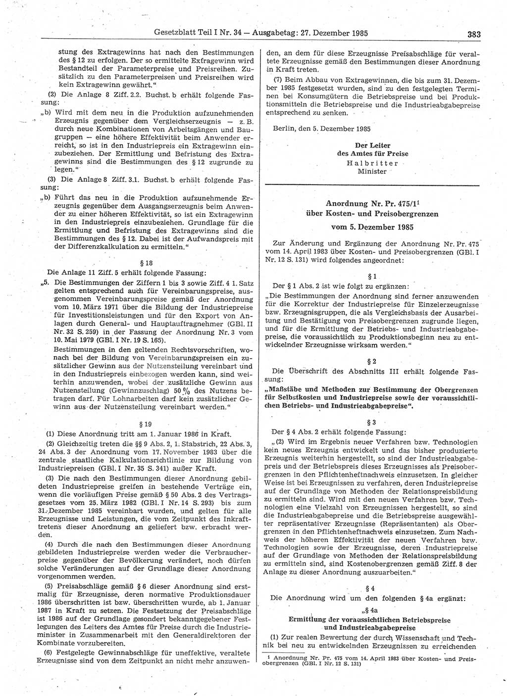 Gesetzblatt (GBl.) der Deutschen Demokratischen Republik (DDR) Teil Ⅰ 1985, Seite 383 (GBl. DDR Ⅰ 1985, S. 383)