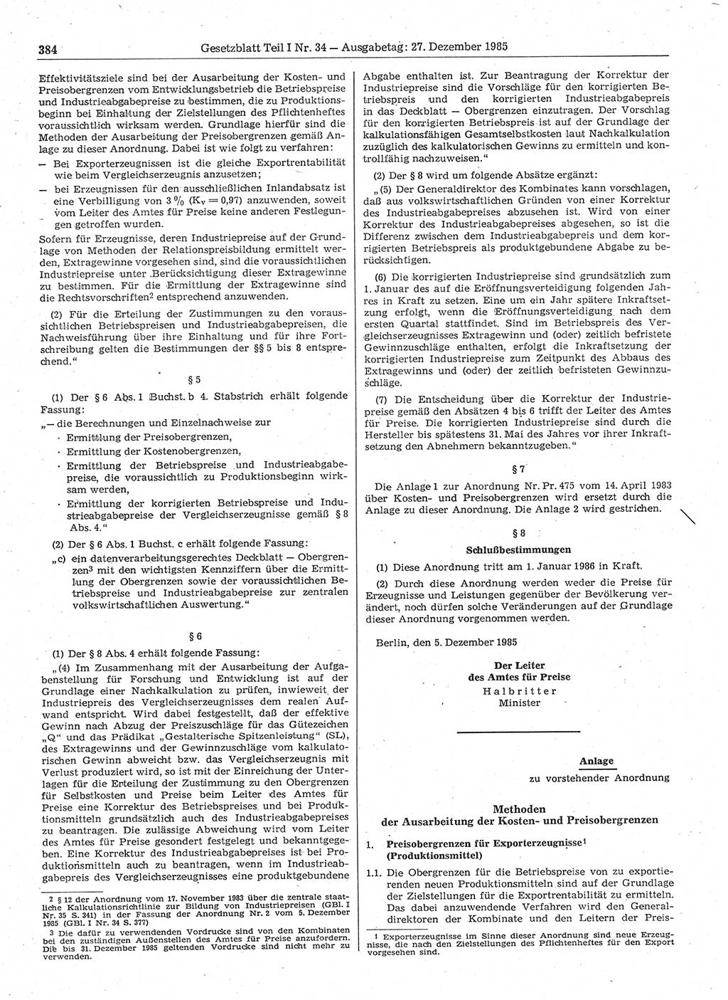 Gesetzblatt (GBl.) der Deutschen Demokratischen Republik (DDR) Teil Ⅰ 1985, Seite 384 (GBl. DDR Ⅰ 1985, S. 384)