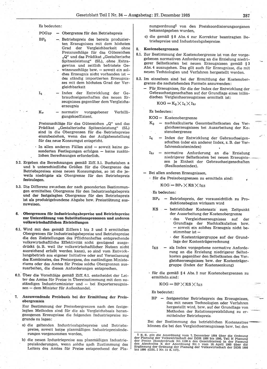 Gesetzblatt (GBl.) der Deutschen Demokratischen Republik (DDR) Teil Ⅰ 1985, Seite 387 (GBl. DDR Ⅰ 1985, S. 387)