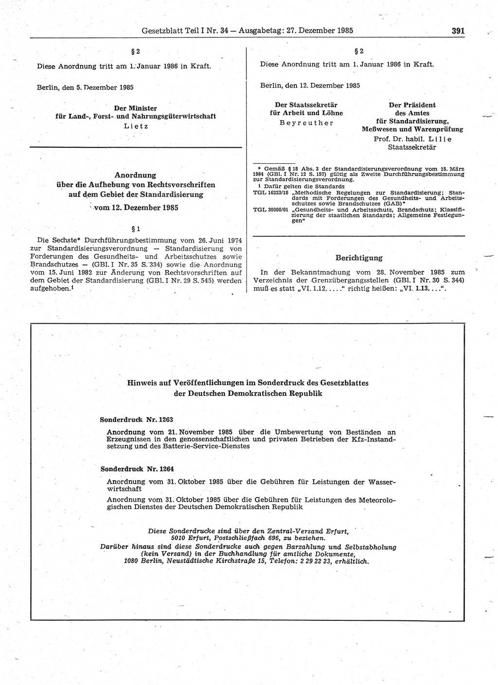 Gesetzblatt (GBl.) der Deutschen Demokratischen Republik (DDR) Teil Ⅰ 1985, Seite 391 (GBl. DDR Ⅰ 1985, S. 391)