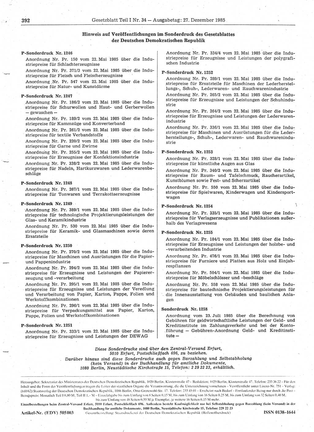 Gesetzblatt (GBl.) der Deutschen Demokratischen Republik (DDR) Teil Ⅰ 1985, Seite 392 (GBl. DDR Ⅰ 1985, S. 392)