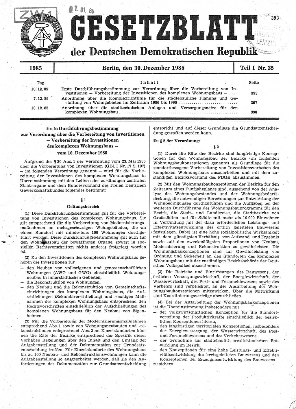 Gesetzblatt (GBl.) der Deutschen Demokratischen Republik (DDR) Teil Ⅰ 1985, Seite 393 (GBl. DDR Ⅰ 1985, S. 393)