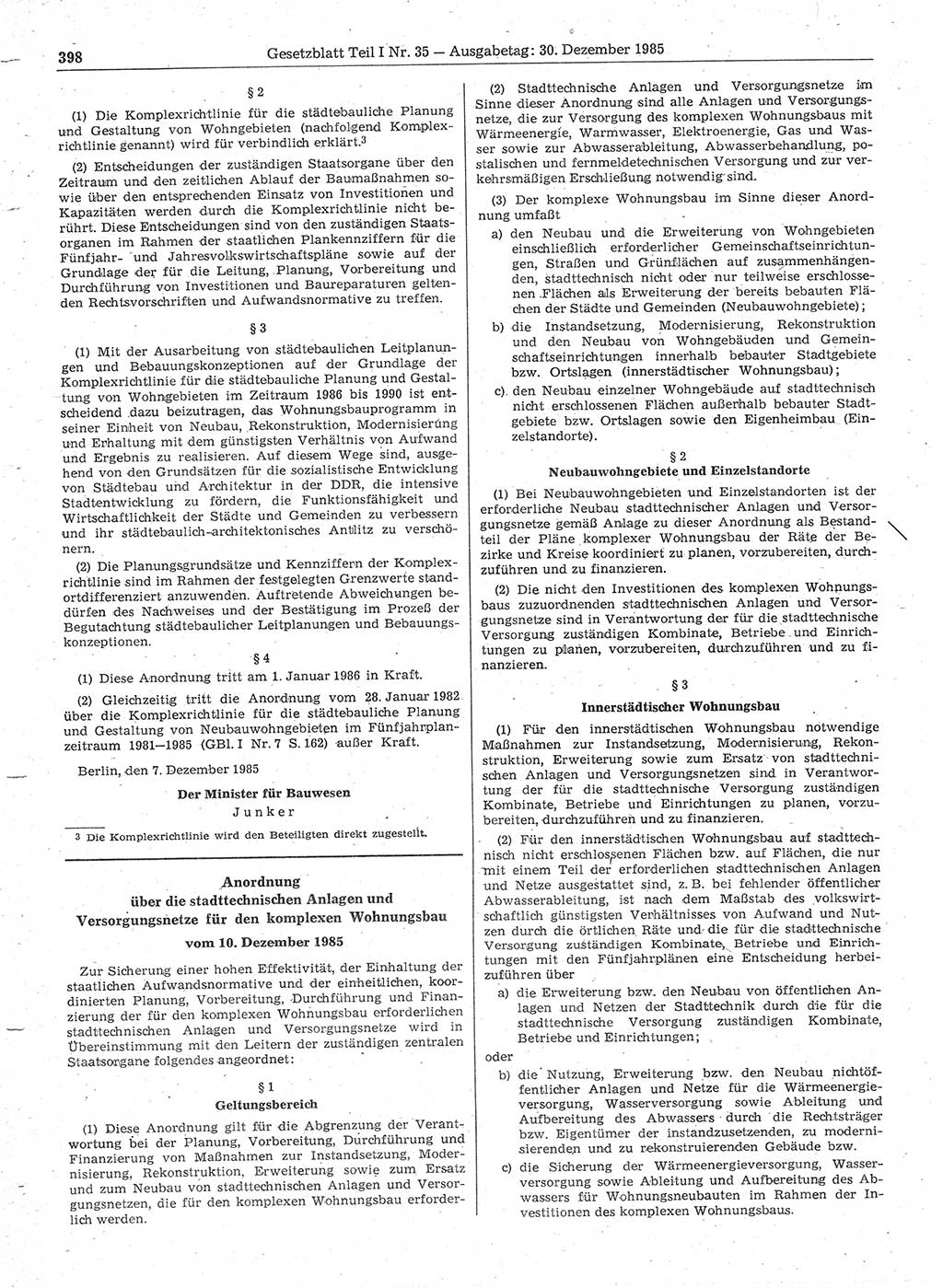 Gesetzblatt (GBl.) der Deutschen Demokratischen Republik (DDR) Teil Ⅰ 1985, Seite 398 (GBl. DDR Ⅰ 1985, S. 398)