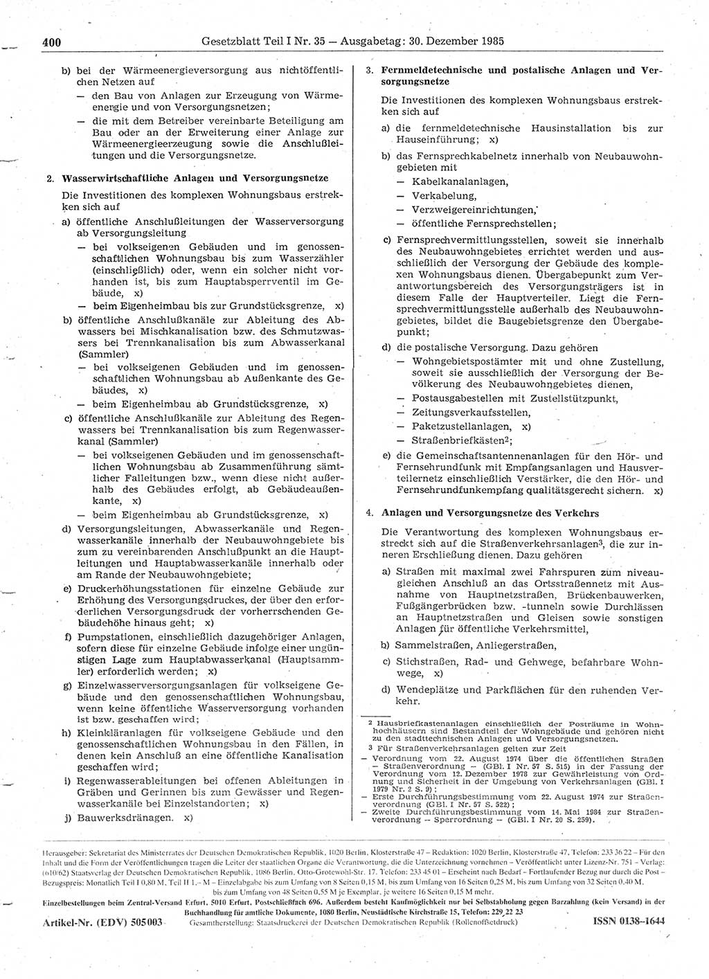Gesetzblatt (GBl.) der Deutschen Demokratischen Republik (DDR) Teil Ⅰ 1985, Seite 400 (GBl. DDR Ⅰ 1985, S. 400)