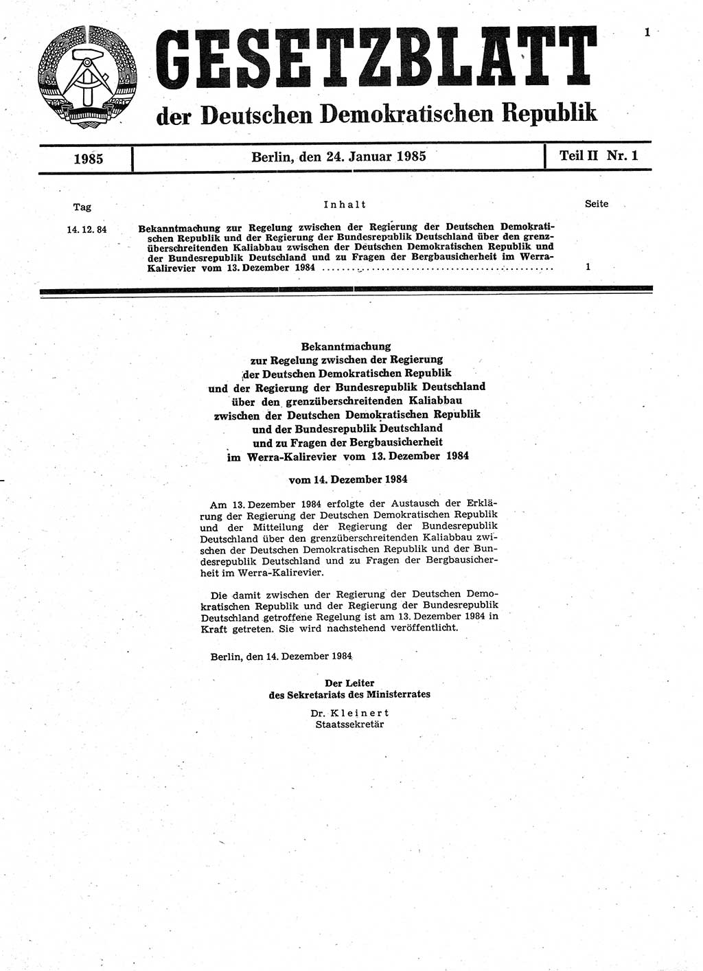 Gesetzblatt (GBl.) der Deutschen Demokratischen Republik (DDR) Teil ⅠⅠ 1985, Seite 1 (GBl. DDR ⅠⅠ 1985, S. 1)