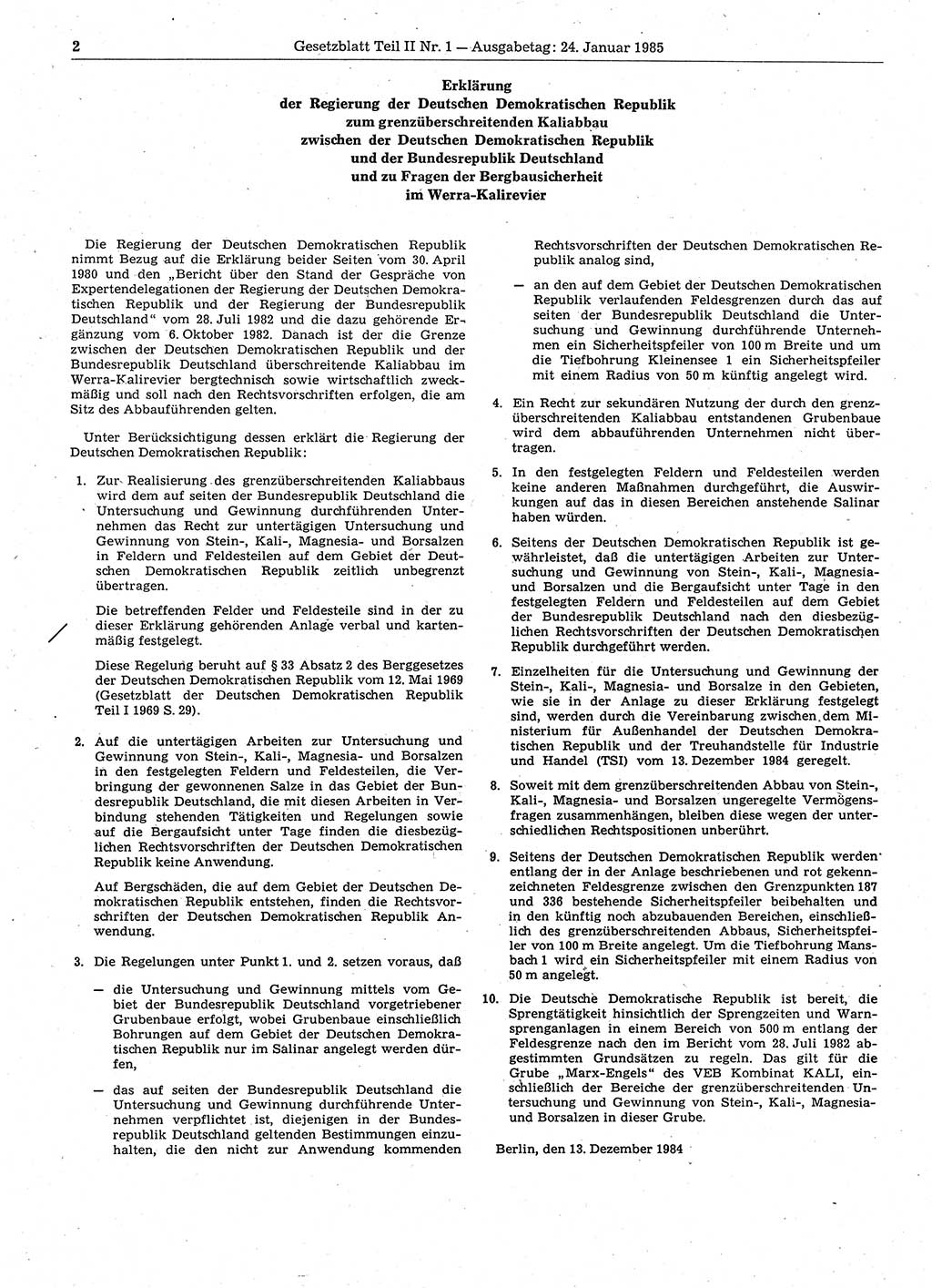 Gesetzblatt (GBl.) der Deutschen Demokratischen Republik (DDR) Teil ⅠⅠ 1985, Seite 2 (GBl. DDR ⅠⅠ 1985, S. 2)