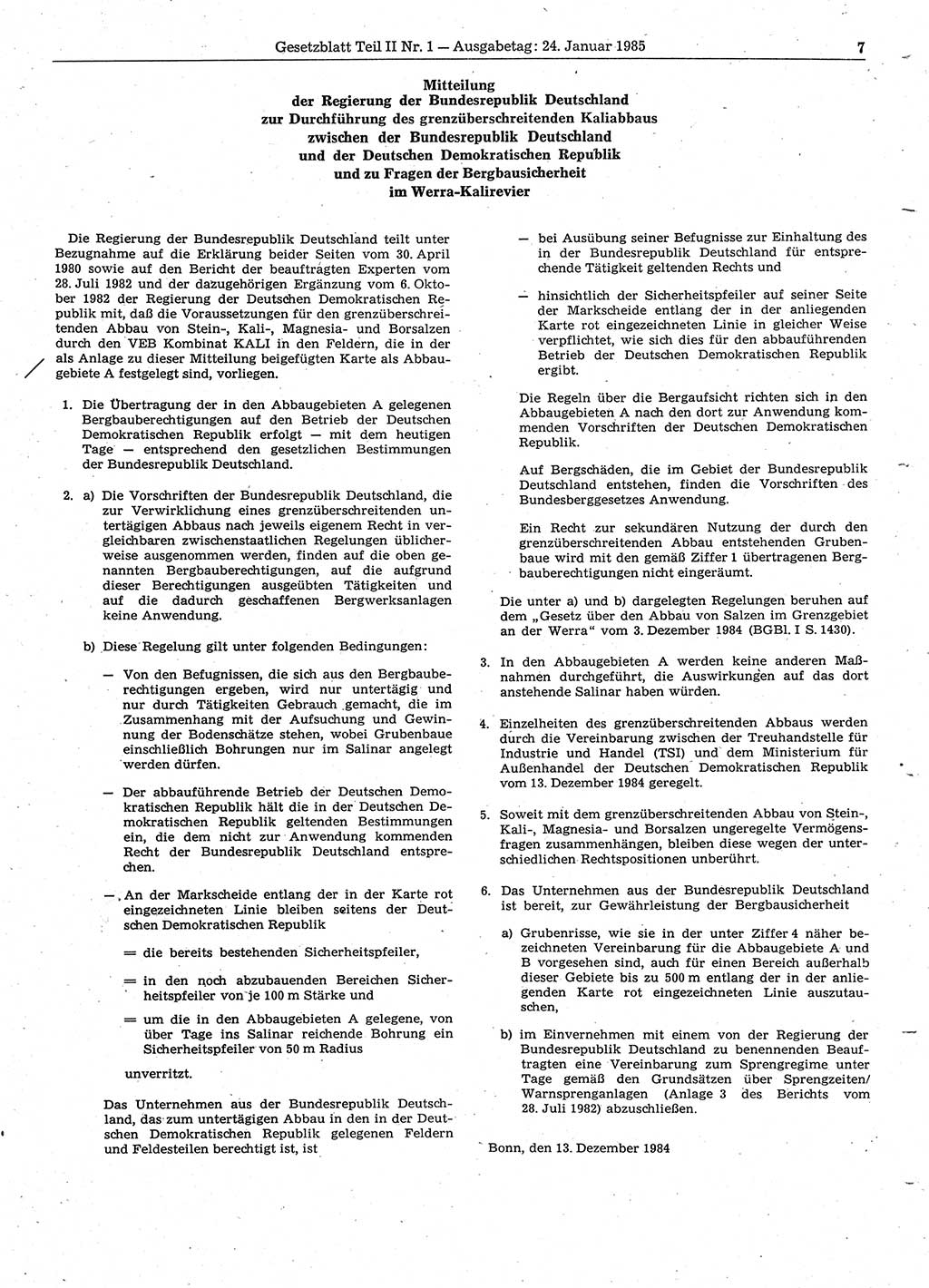 Gesetzblatt (GBl.) der Deutschen Demokratischen Republik (DDR) Teil ⅠⅠ 1985, Seite 7 (GBl. DDR ⅠⅠ 1985, S. 7)