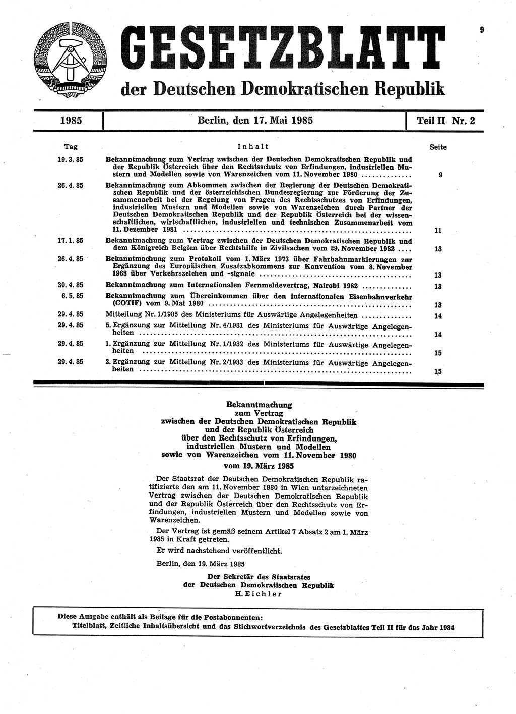 Gesetzblatt (GBl.) der Deutschen Demokratischen Republik (DDR) Teil ⅠⅠ 1985, Seite 9 (GBl. DDR ⅠⅠ 1985, S. 9)