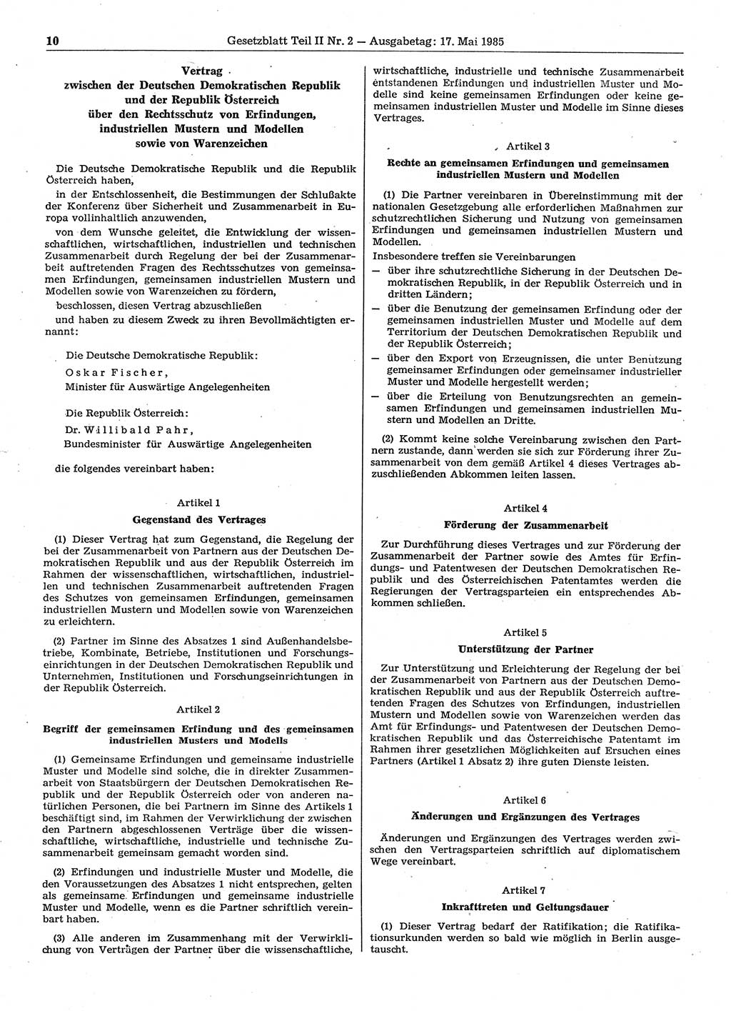 Gesetzblatt (GBl.) der Deutschen Demokratischen Republik (DDR) Teil ⅠⅠ 1985, Seite 10 (GBl. DDR ⅠⅠ 1985, S. 10)