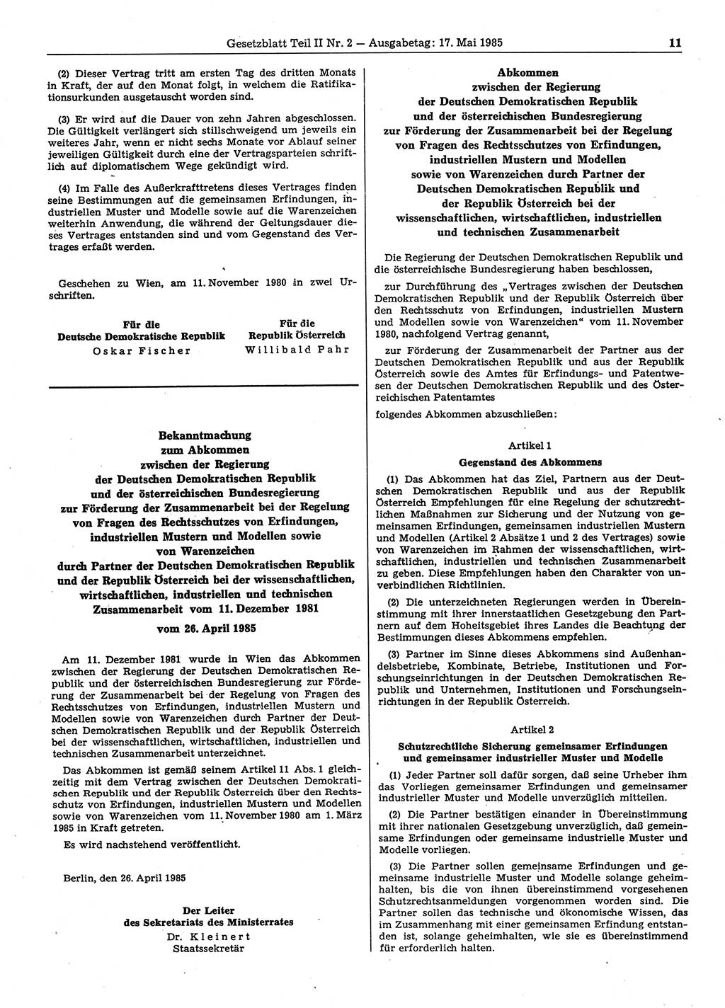 Gesetzblatt (GBl.) der Deutschen Demokratischen Republik (DDR) Teil ⅠⅠ 1985, Seite 11 (GBl. DDR ⅠⅠ 1985, S. 11)