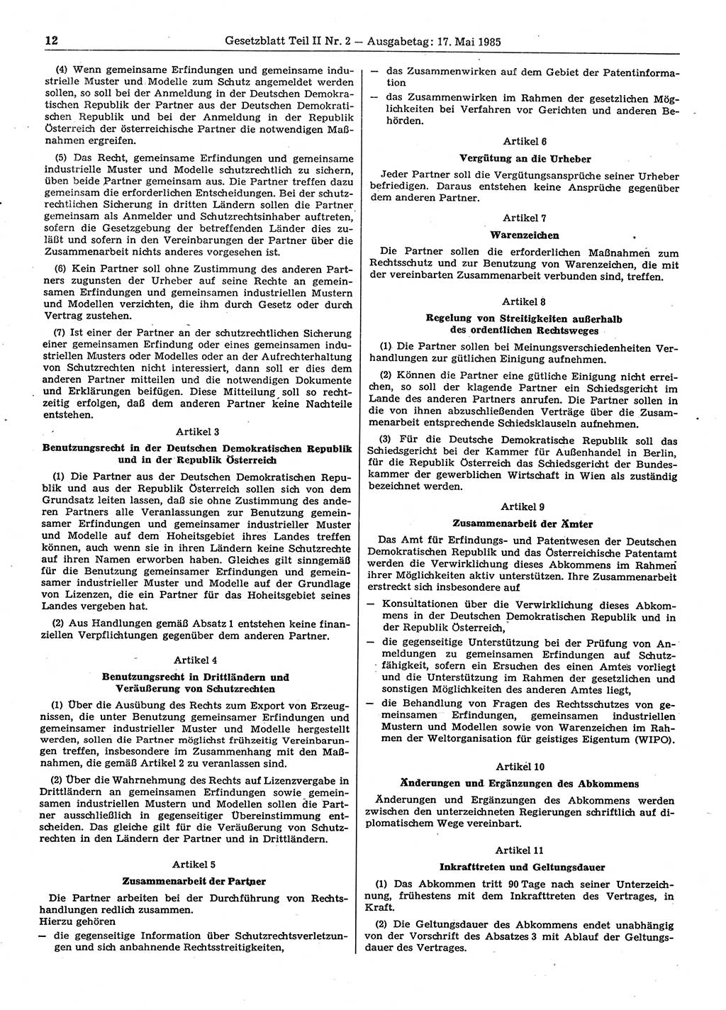 Gesetzblatt (GBl.) der Deutschen Demokratischen Republik (DDR) Teil ⅠⅠ 1985, Seite 12 (GBl. DDR ⅠⅠ 1985, S. 12)