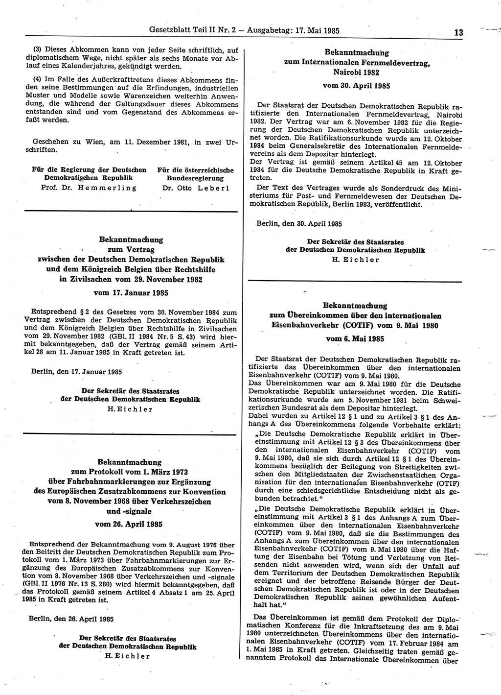 Gesetzblatt (GBl.) der Deutschen Demokratischen Republik (DDR) Teil ⅠⅠ 1985, Seite 13 (GBl. DDR ⅠⅠ 1985, S. 13)