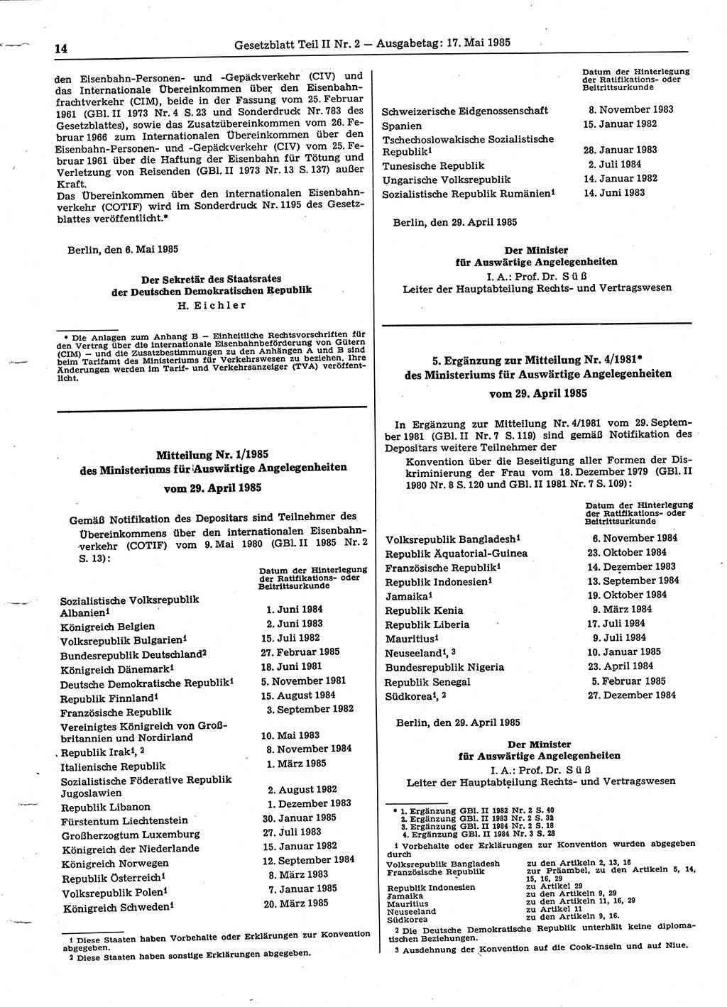 Gesetzblatt (GBl.) der Deutschen Demokratischen Republik (DDR) Teil ⅠⅠ 1985, Seite 14 (GBl. DDR ⅠⅠ 1985, S. 14)