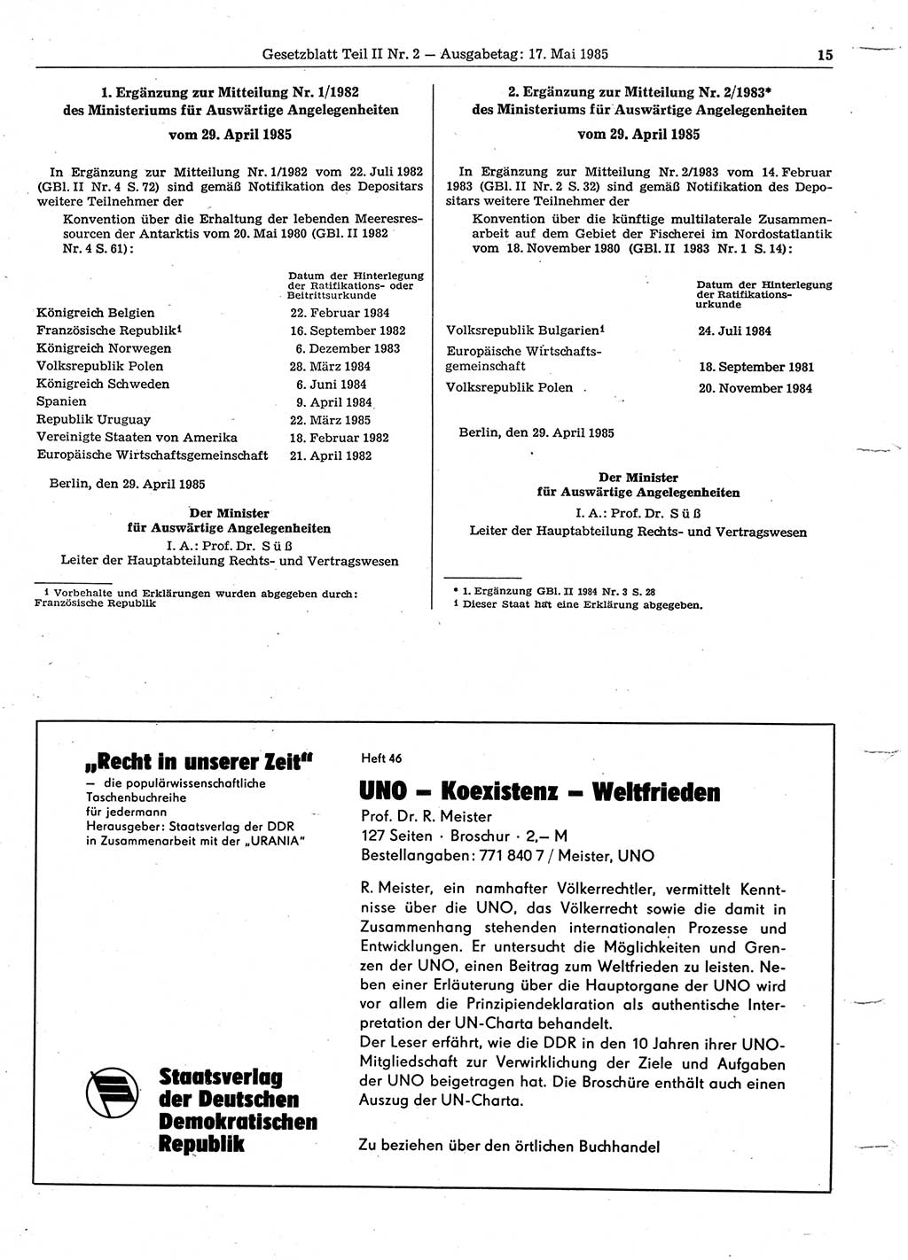 Gesetzblatt (GBl.) der Deutschen Demokratischen Republik (DDR) Teil ⅠⅠ 1985, Seite 15 (GBl. DDR ⅠⅠ 1985, S. 15)