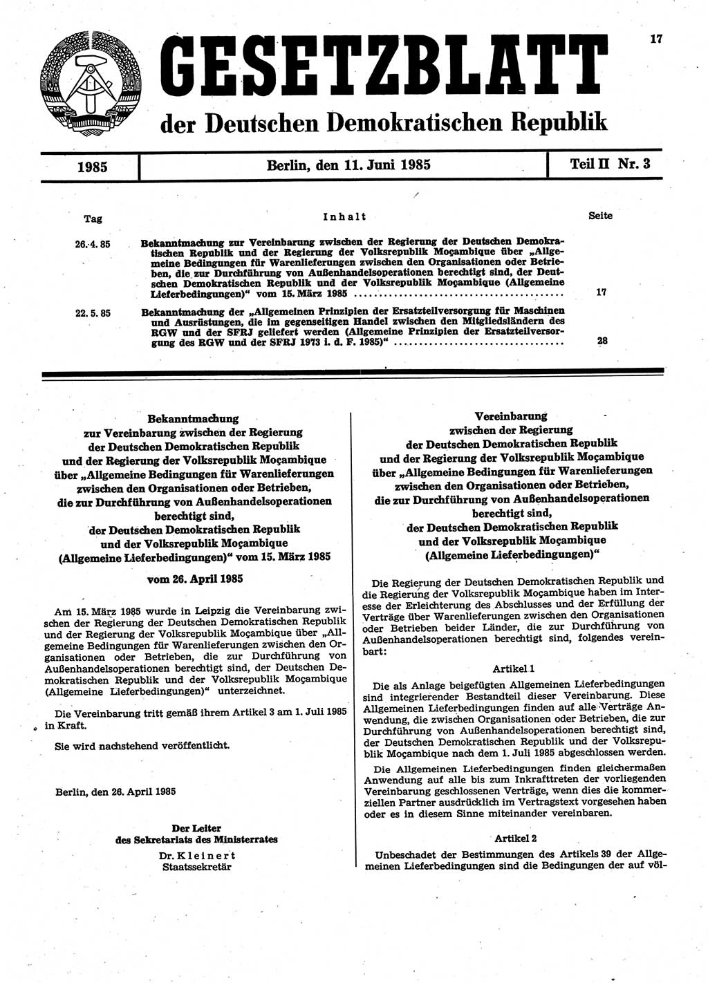 Gesetzblatt (GBl.) der Deutschen Demokratischen Republik (DDR) Teil ⅠⅠ 1985, Seite 17 (GBl. DDR ⅠⅠ 1985, S. 17)