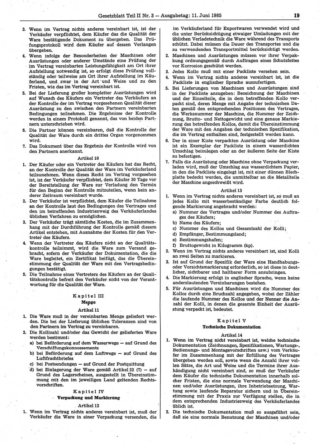 Gesetzblatt (GBl.) der Deutschen Demokratischen Republik (DDR) Teil ⅠⅠ 1985, Seite 19 (GBl. DDR ⅠⅠ 1985, S. 19)