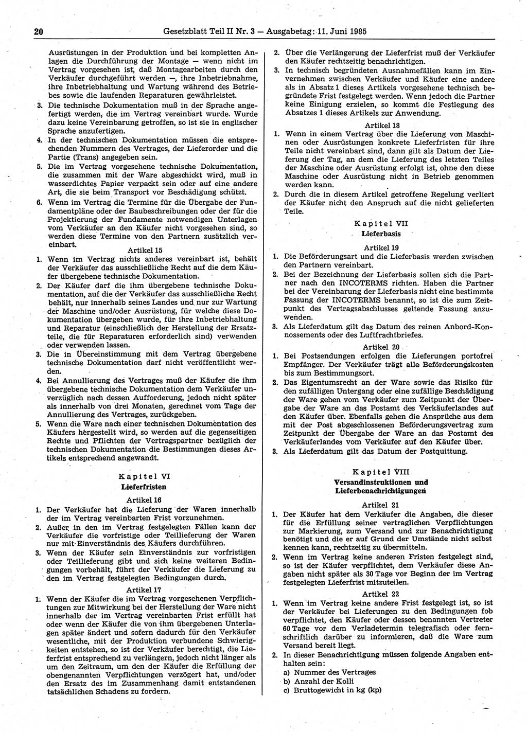 Gesetzblatt (GBl.) der Deutschen Demokratischen Republik (DDR) Teil ⅠⅠ 1985, Seite 20 (GBl. DDR ⅠⅠ 1985, S. 20)