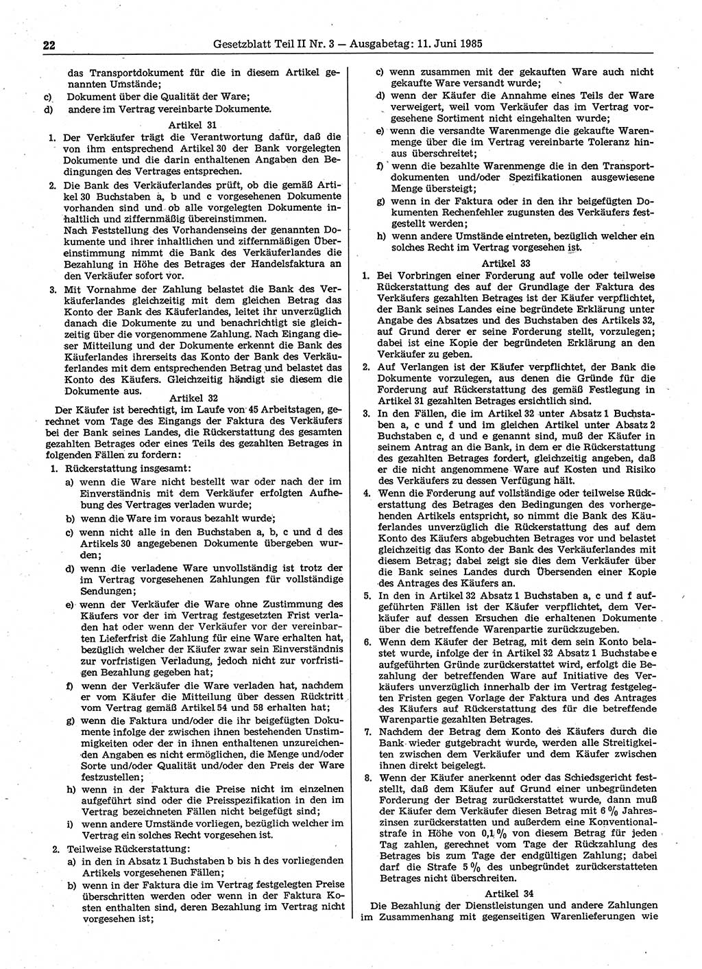 Gesetzblatt (GBl.) der Deutschen Demokratischen Republik (DDR) Teil ⅠⅠ 1985, Seite 22 (GBl. DDR ⅠⅠ 1985, S. 22)