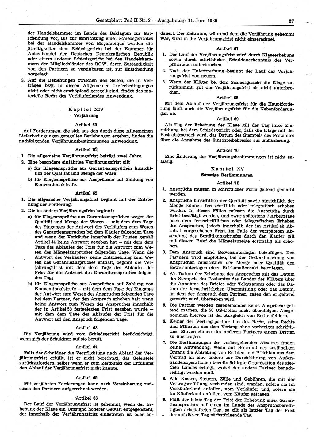 Gesetzblatt (GBl.) der Deutschen Demokratischen Republik (DDR) Teil ⅠⅠ 1985, Seite 27 (GBl. DDR ⅠⅠ 1985, S. 27)