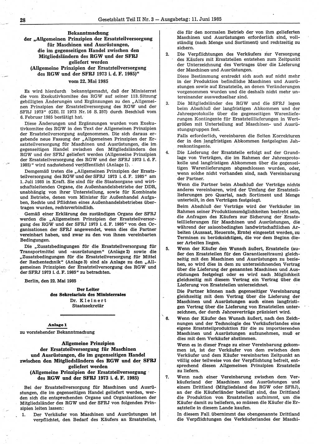 Gesetzblatt (GBl.) der Deutschen Demokratischen Republik (DDR) Teil ⅠⅠ 1985, Seite 28 (GBl. DDR ⅠⅠ 1985, S. 28)